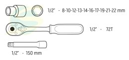 Klucze nasadowe 1/2, zestaw 12 szt.