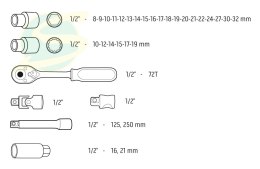 Klucze nasadowe 1/2, zestaw 32 szt., CrV